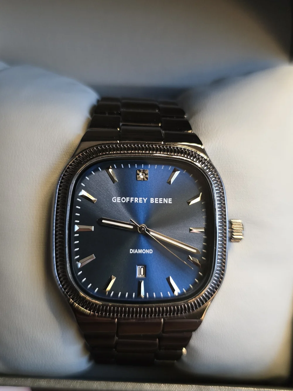 Geoffrey Beene Men's Blue Dial Stainless Steel Diamond Accent Watch- New!